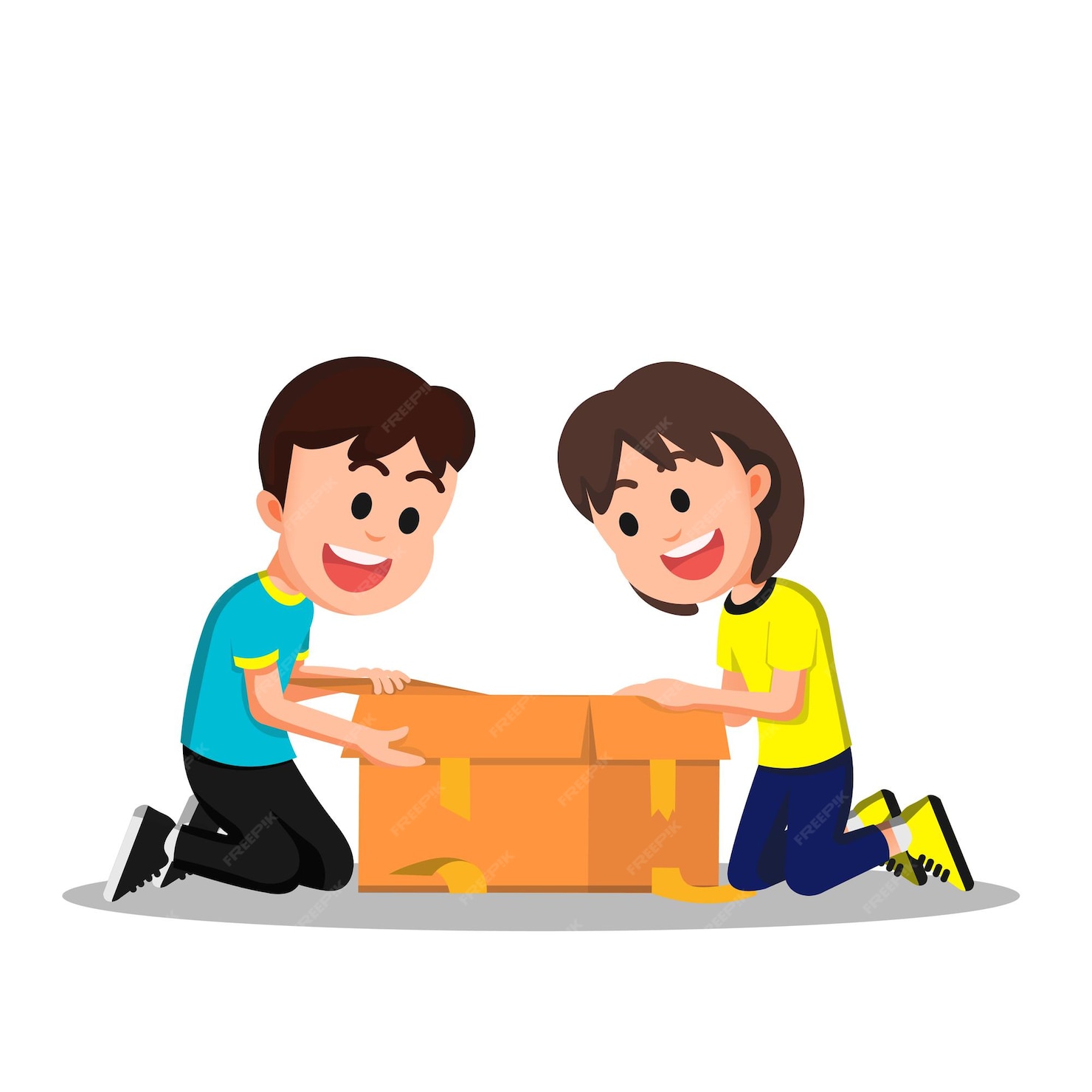 Niño Y Niña Felices Abriendo Una Caja De Cartón Vector Premium