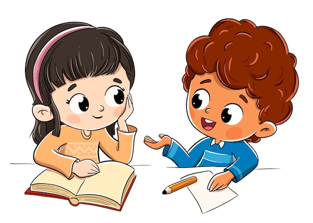 Niño y niña hablando en clase hablando | Vector Premium