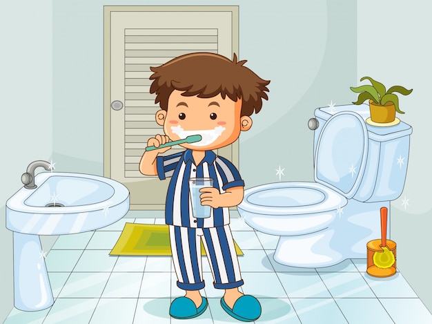 Niño Pequeño Cepillarse Los Dientes En El Baño Vector Premium