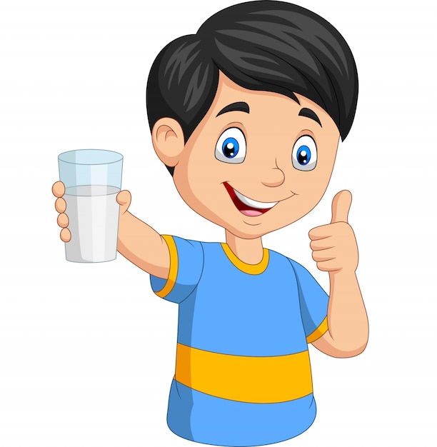 Niño pequeño de dibujos animados con un vaso de leche dando pulgar Vector Premium 