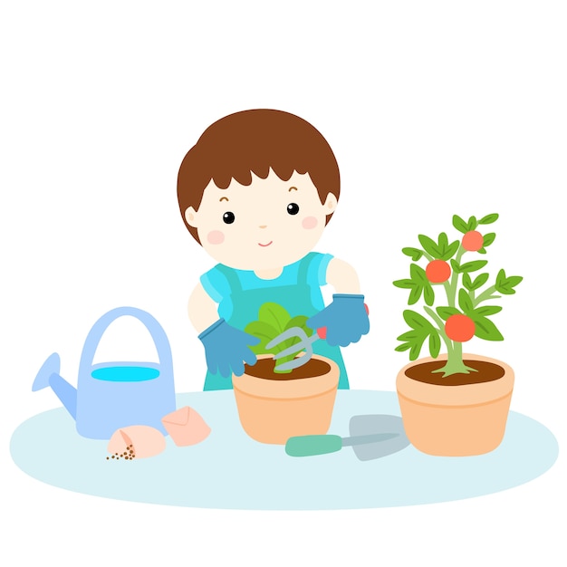 Niño plantando dibujos animados de árbol | Vector Premium