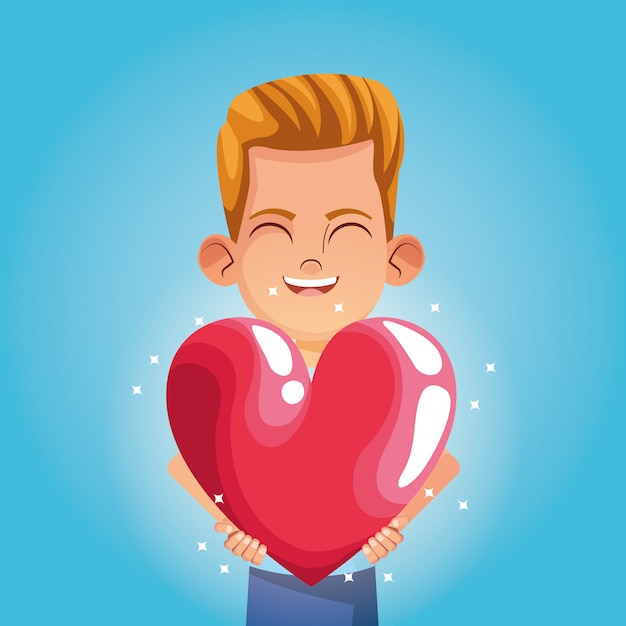 Niño sonriendo con gran corazón de dibujos animados | Vector Premium