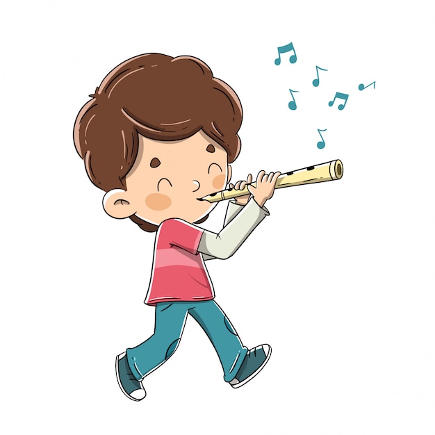 Niño tocando la flauta mientras camina | Vector Premium