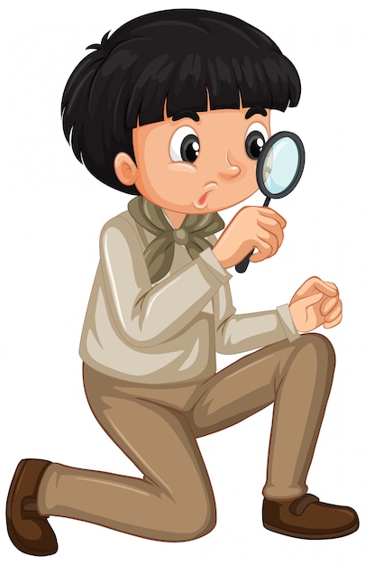 Niño en uniforme de explorador con lupa aislado vector gratuito