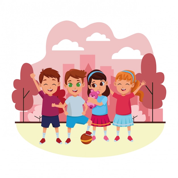 Niños amigos jugando y sonriendo caricaturas | Vector Premium