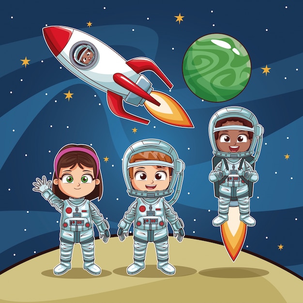 Ni Os Astronautas En Dibujos Animados De Espacio Vector Premium