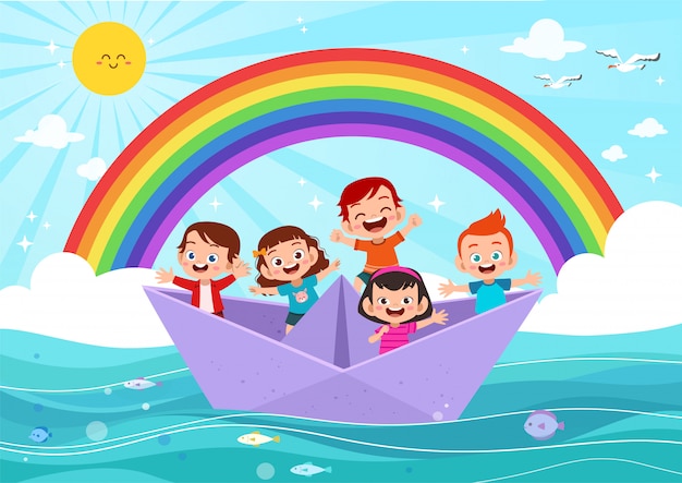 Niños en el barco de papel | Vector Premium