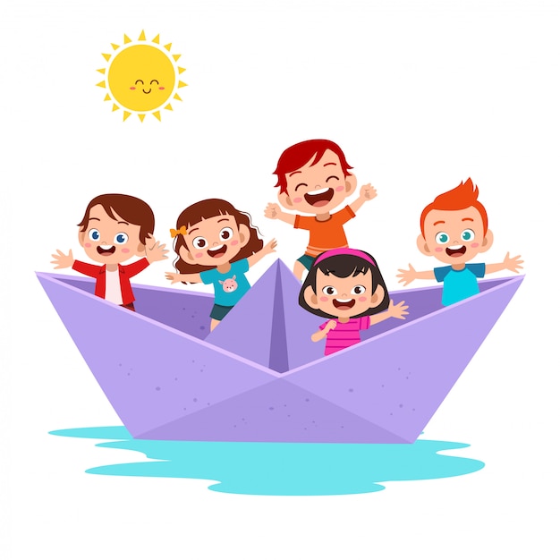 Niños en el barco de papel | Vector Premium