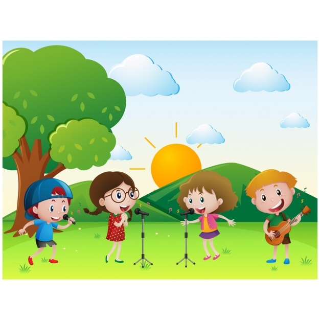 Niños cantando en la pradera | Vector Gratis