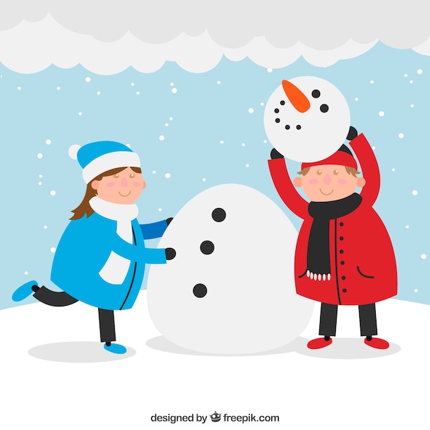 Niños construyendo un muñeco de nieve | Vector Gratis