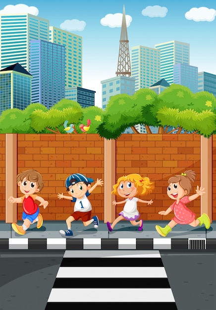 Niños Corriendo En La Acera Vector Gratis 