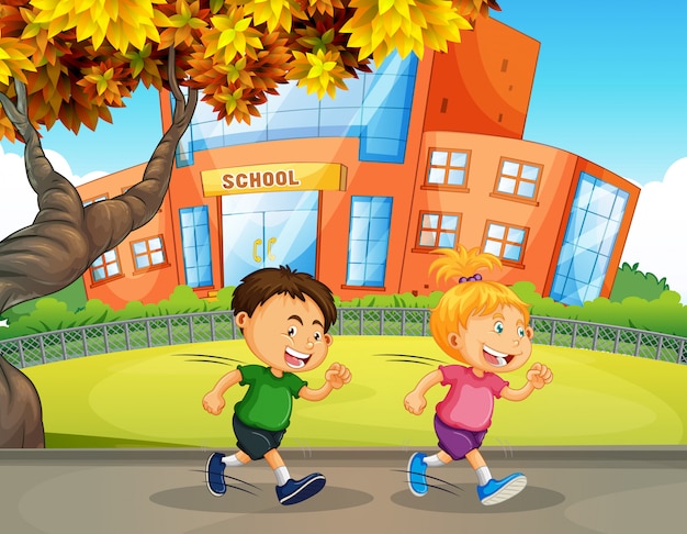 Niños corriendo al frente de la escuela | Vector Premium