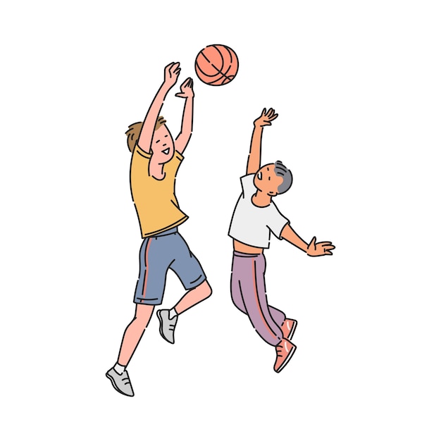 Ninos De Dibujos Animados Jugando Baloncesto Dos Ninos Saltando Para Atrapar Una Pelota Amigos Ninos Felices Haciendo Deporte De Equipo Ilustracion Vector Premium