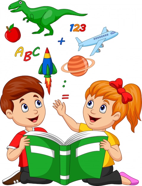 Niños de dibujos animados leyendo el concepto de educación libro Vector Premium