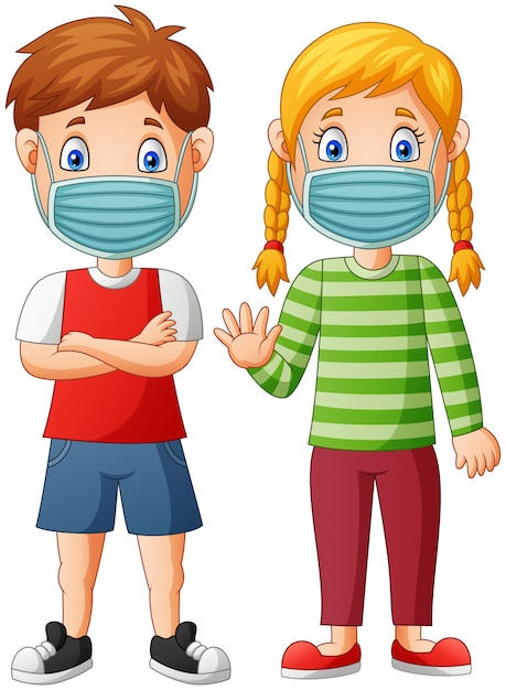 Los niños de dibujos animados usan una máscara protectora del virus.  ilustración | Vector Premium