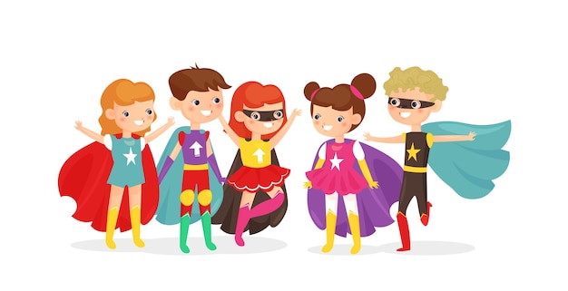 Ninos Con Disfraces De Superheroe Los Ninos Superheroes Se Divierten Juntos Los Ninos Amigos En La Fiesta De Disfraces Vector Premium