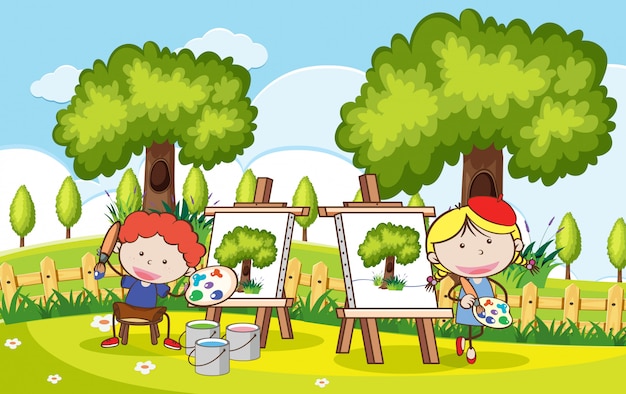 Niños divirtiéndose pintando en el parque | Vector Premium