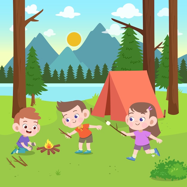 Niños Exploradores En La Ilustración Del Campamento Vector Premium