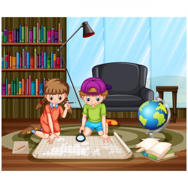 Niños explorando un mapa | Vector Premium