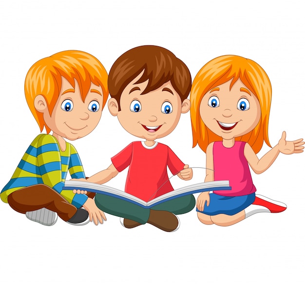 Niños felices de dibujos animados leyendo un libro | Vector Premium