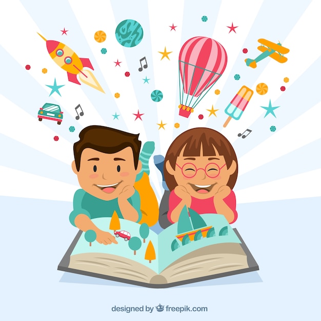 Niños felices leyendo un libro imaginativo Vector Gratis