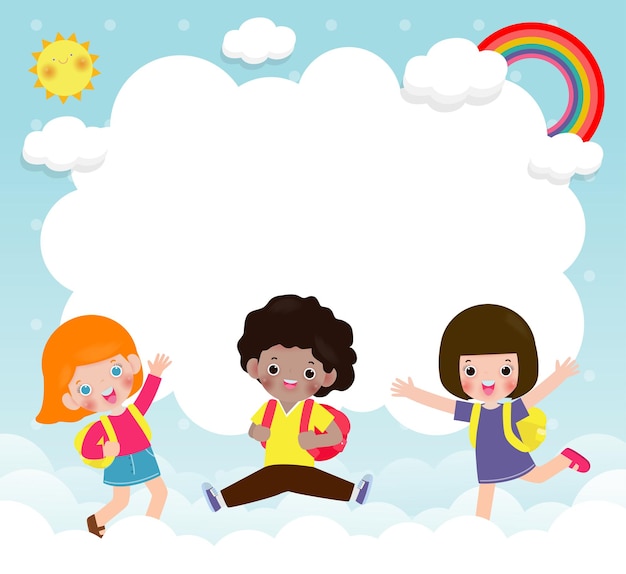 Niños felices saltando sobre la nube con arco iris y banner vacío