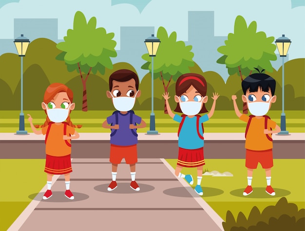 Niños interraciales usando mascarillas para covid19 en el parque | Vector  Premium
