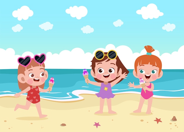 Los Niños Juegan En La Ilustración De La Playa Vector Premium