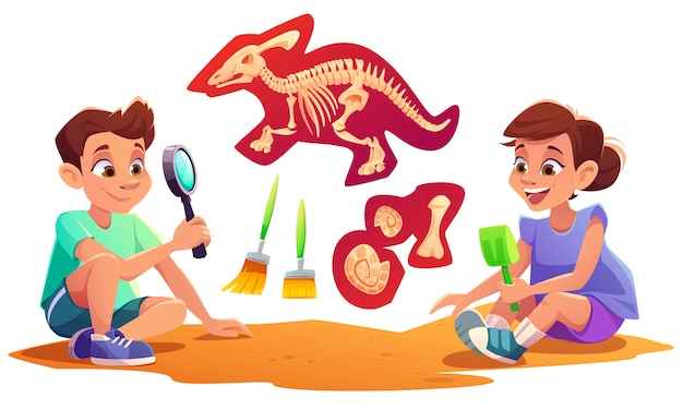 Ninos Jugando En Arqueologos Que Trabajan En Excavaciones De Paleontologia Excavando Tierra Con Pala Y Explorando Artefactos Con Lupa Los Ninos Estudian Fosiles De Dinosaurios Ilustracion De Dibujos Animados Vector Gratis