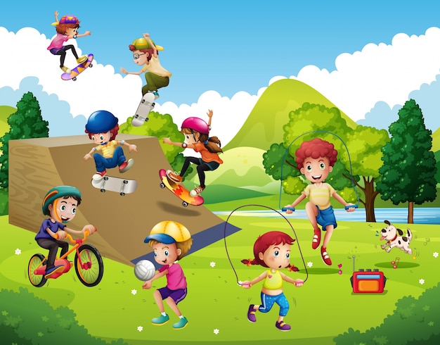 Niños jugando diferentes deportes en el parque | Descargar Vectores Premium
