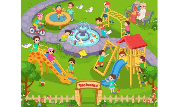 Niños jugando en el jardín ilustración de dibujos animados | Vector ...