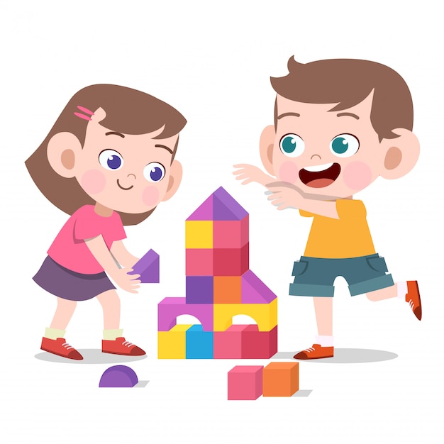 Niños jugando con juguetes de ladrillo. | Vector Premium