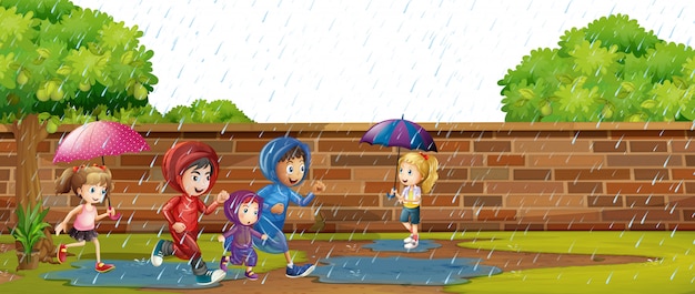 Niños jugando bajo la lluvia Vector Premium