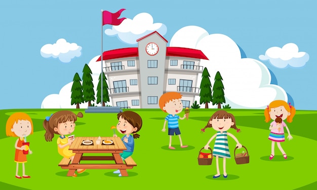 Niños jugando en el patio de la escuela | Vector Premium