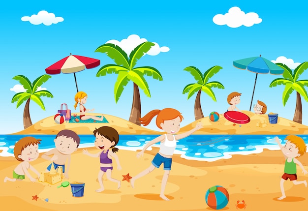 Niños jugando en la playa en verano | Vector Premium