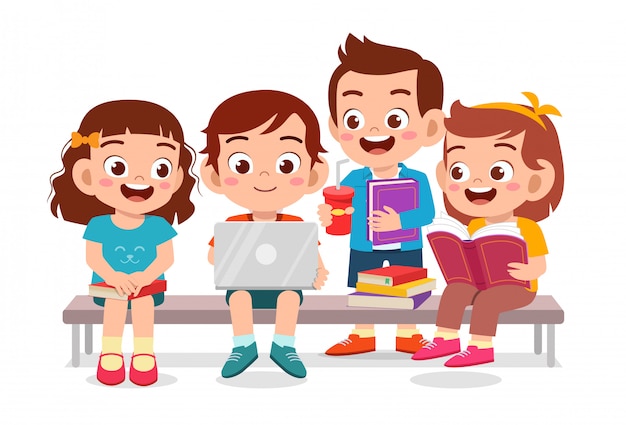 Niños lindos felices leyendo el libro juntos | Vector Premium