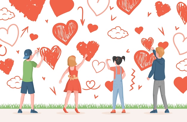 Niños y niñas dibujando corazones y símbolos de amor en la pared | Vector  Premium