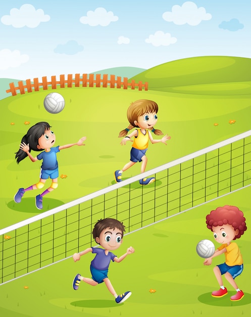 Niños y niñas jugando voleibol en el parque | Vector Gratis