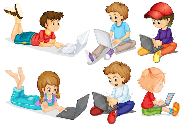 Niños y niñas en sus computadoras personales | Vector Gratis