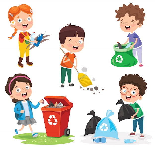 Niños pequeños limpiando y reciclando basura | Vector Premium