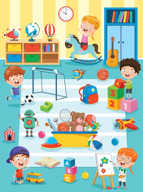 Niños pequeños que estudian y juegan en el aula de preescolar | Vector Premium