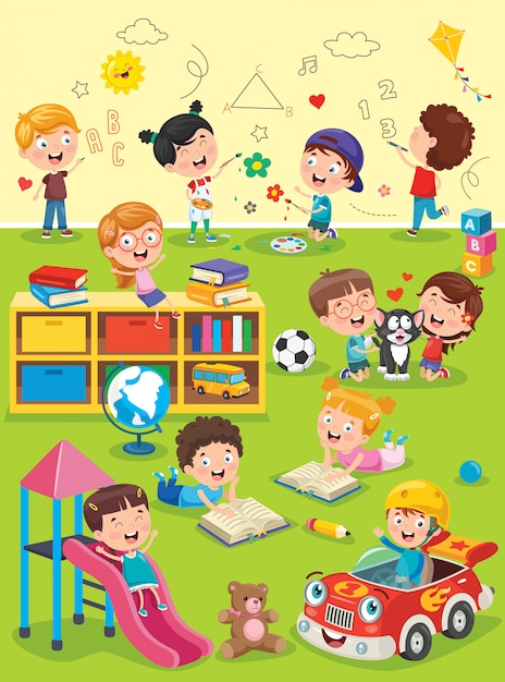 Niños pequeños que estudian y juegan en el aula de preescolar | Vector Premium
