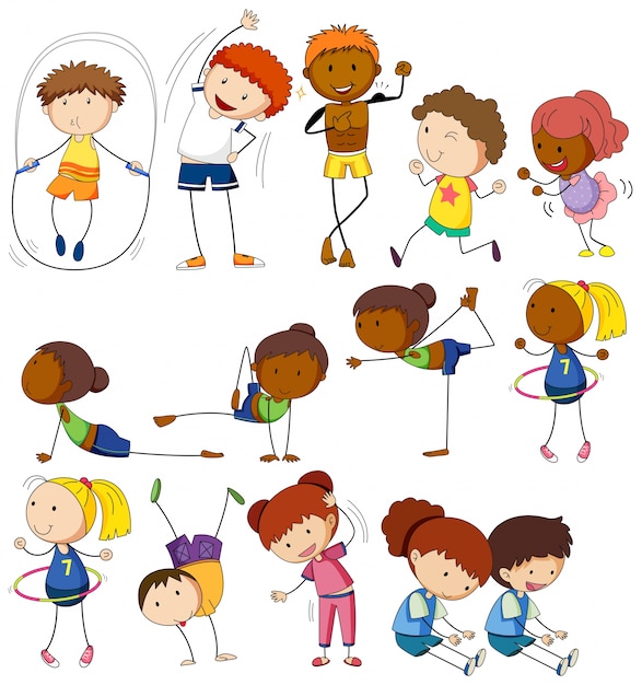 Niños y personas haciendo diferentes ejercicios | Vector Gratis
