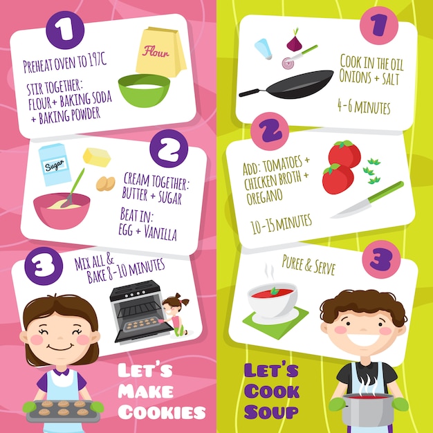 Los niños que cocinan pancartas verticales con personajes de dibujos animados estilo adolescente y tarjetas con consejos de cocina vector ilustración vector gratuito