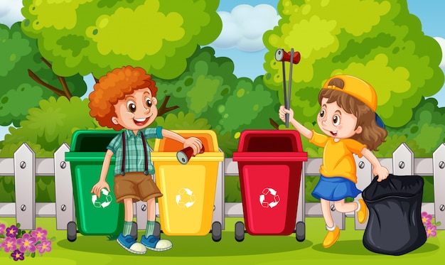 Niños recogiendo basura en el jardín | Vector Premium