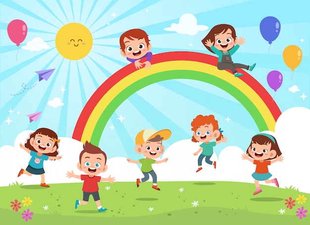 Niños saltando bajo arco iris dibujos animados coloridos | Vector ...