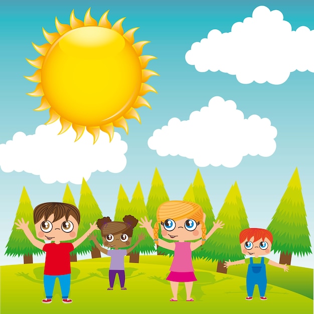 Niños sobre paisaje, dibujos animados. ilustración vectorial | Vector ...