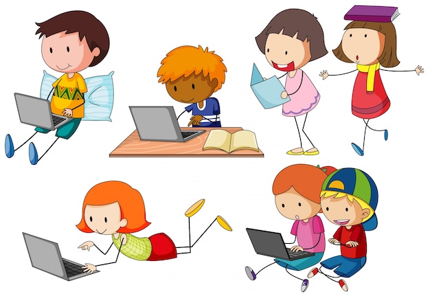 Niños trabajando en la computadora portátil vector gratuito