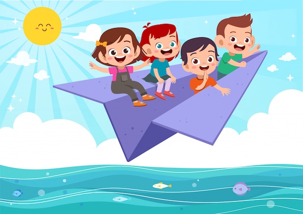 Los niños vuelan avión de papel | Vector Premium