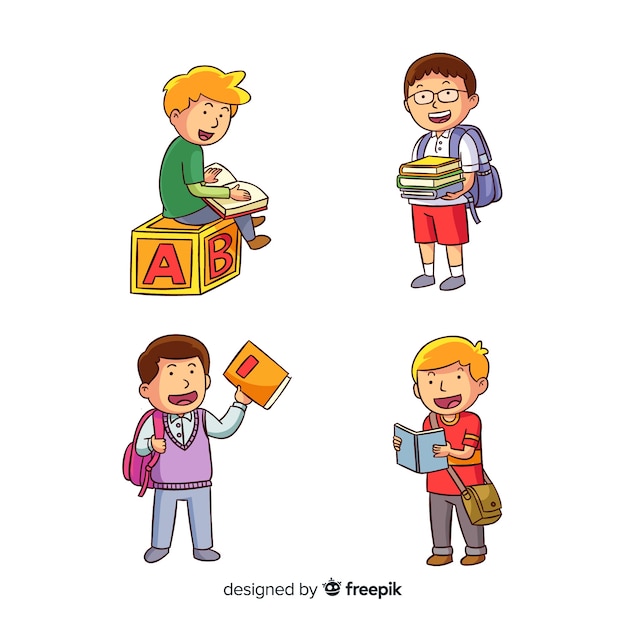 Niños de la vuelta al cole dibujados a mano vector gratuito